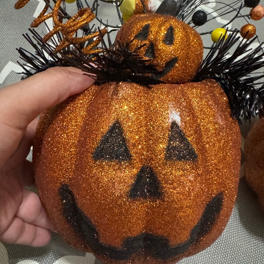 3 Glittery Orange Halloween Pumpkin Decor
